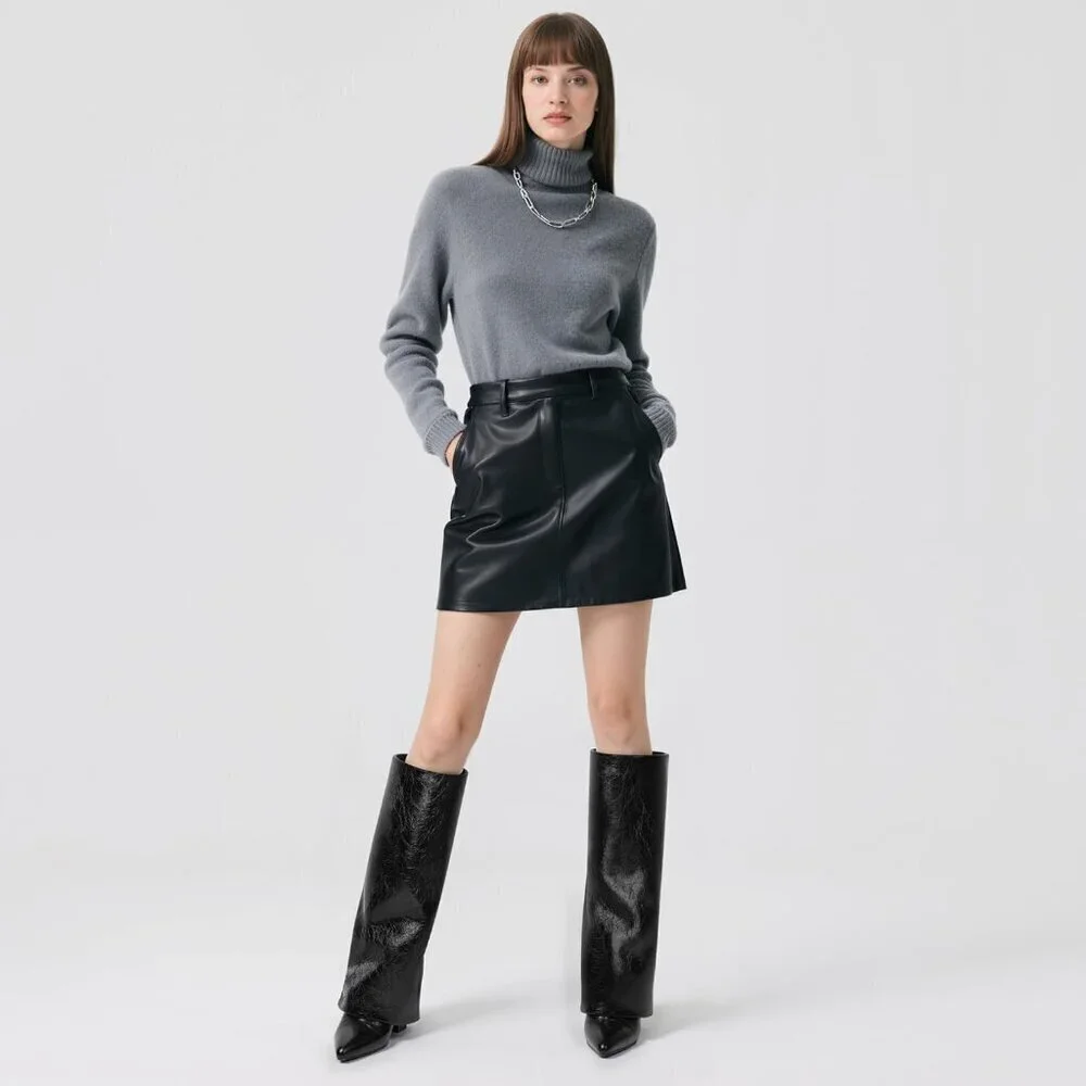 Women B-black Faux Leather Fold Over Knee High Chunky High Heels Long Boots